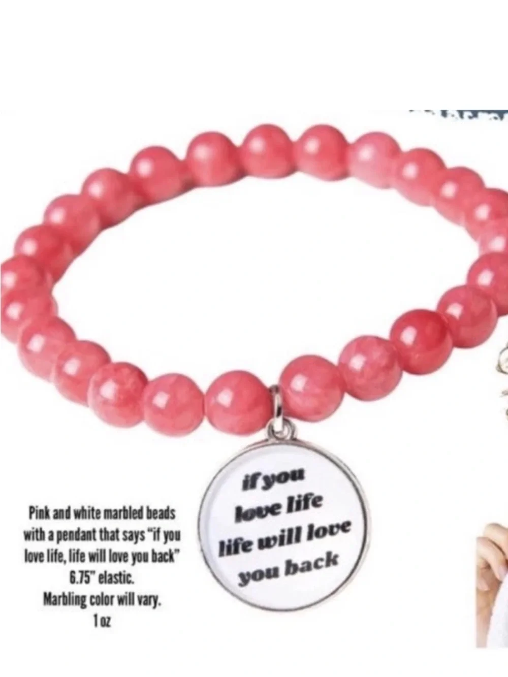 Plunder Design Pink Marbled Beaded Bracelet. Inspirational white charm . New.